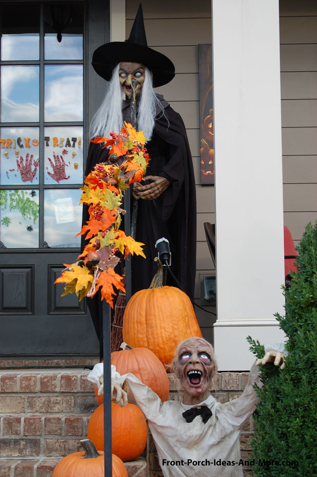 spooky front porch steps with witch and zombie