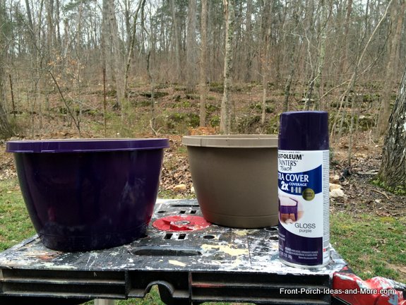 We spray painted four pots with purple paint
