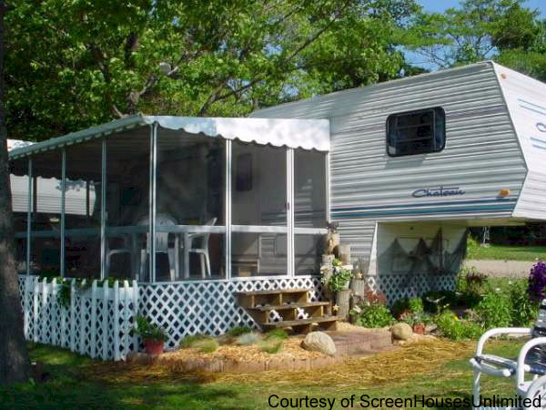 a screened porch on a portable trailer