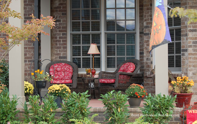 front porch with pleasing fall decor