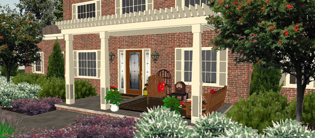 rendering of a two-story home with a front porch pergola