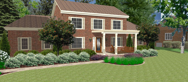rendering of a two-story home with a front porch pergola