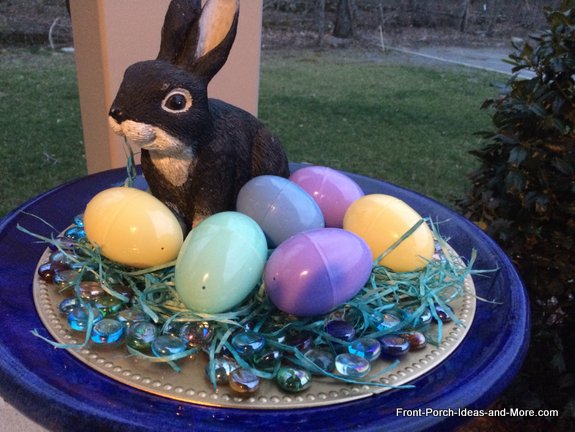 We turned our cobalt blue bird bath into a spring decoration.