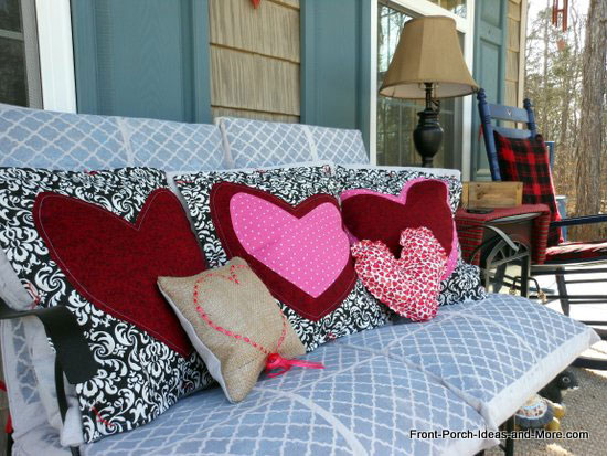 Valentine pillows on front porch