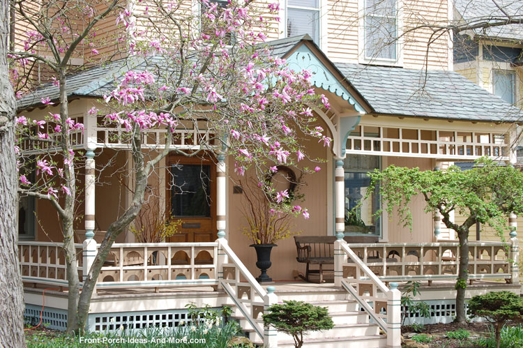 Victorian front porch in spring