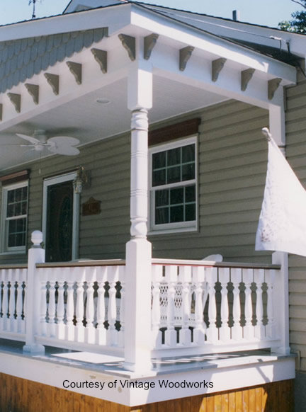 Close-up of Vintage Woodworks handcrafted products on beautiful porch after enhancements