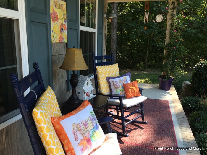front porch with our watercolor autumn porch pillows